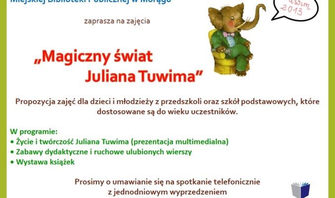 Plakat zajęć "Magiczny świat Juliana Tuwim", na plakacie rysunek słonia we fraku siedzącego na fotelu