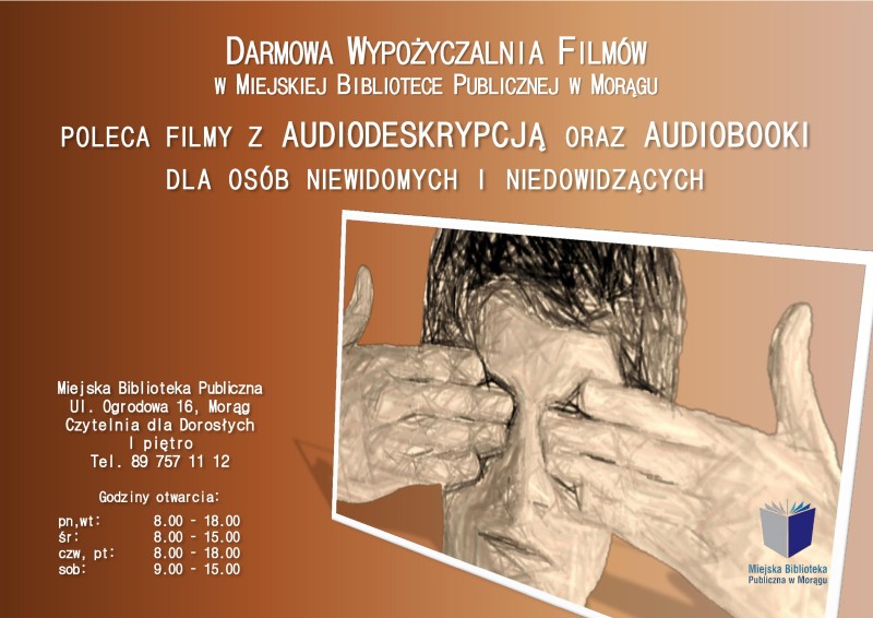 Plakat zachęcający do wypożyczania audiobooków, w tle rysunek twarzy z zasłoniętymi rękoma oczyma