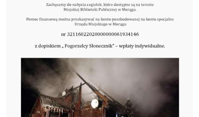Plakat z prośbą o pomoc, na dole fotografia spalonego domu