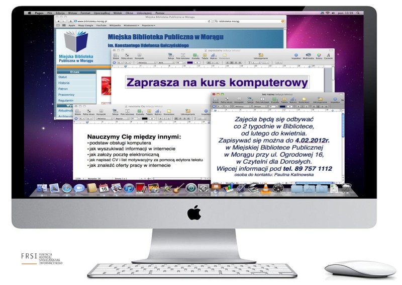 Plakat zapraszający na zajęcia, w tle pulpit komputera iMac