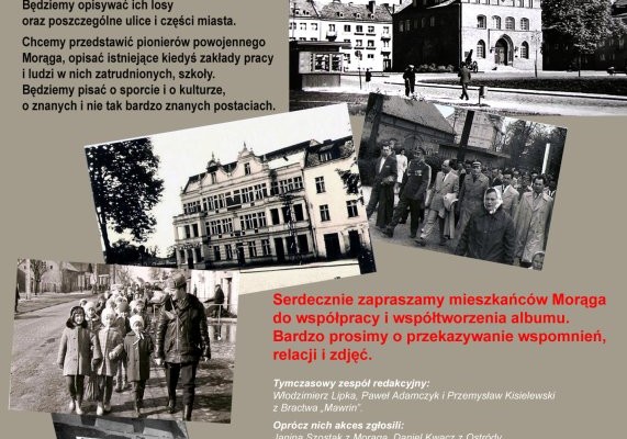 Plakat "Powstaje album o Morągu", w tle zdjęcia dawnego Morąga