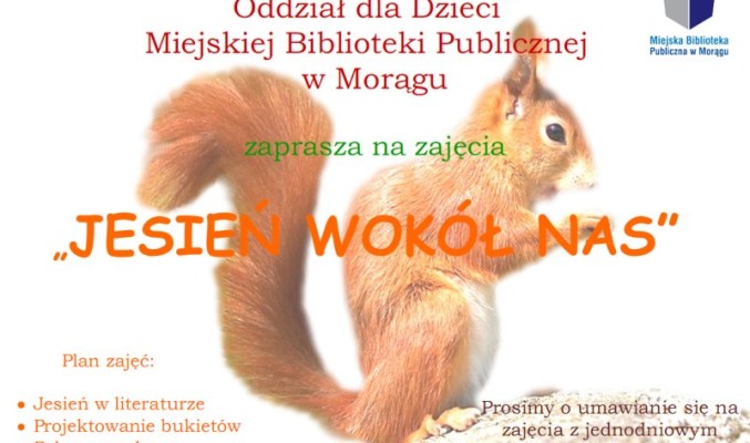 Plakat "Jesień wokół nas", w tle wiewiórka