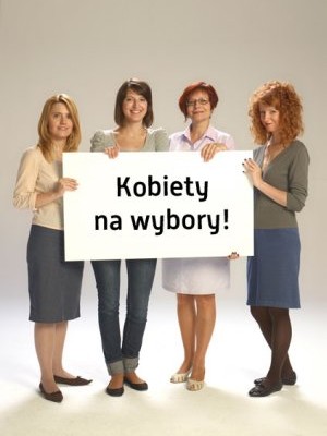Plakat, w tle cztery panie trzymają planszę z napisem "Kobiety na wybory!"