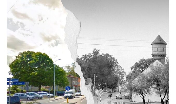 Plakat wystawy "Dawno temu w Morągu: fotografie znalezione na starej kliszy"; na plakacie połączone stare czarno-białe zdjęcie i nowe kolorowe zdjęcie tego samego miejsca - skrzyżowania ulic Dąbrowskiego i 3-Maja