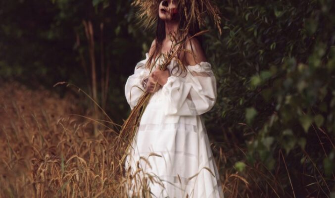 Plakat wystawy fotograficznej "Warmińskie Straszydła", na plakacie zzdjęcie kobiety w białej sukni wychodzącej z lasu w łan żboża