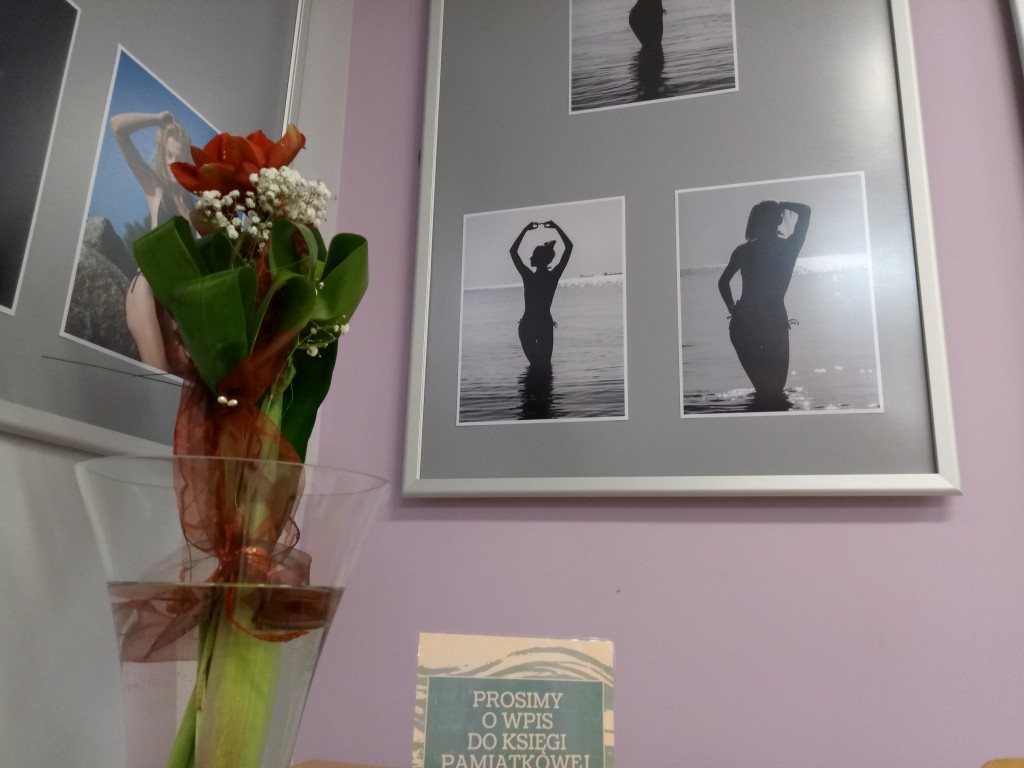 Kwiaty w wazonie na tle plansz z fotografiami autora