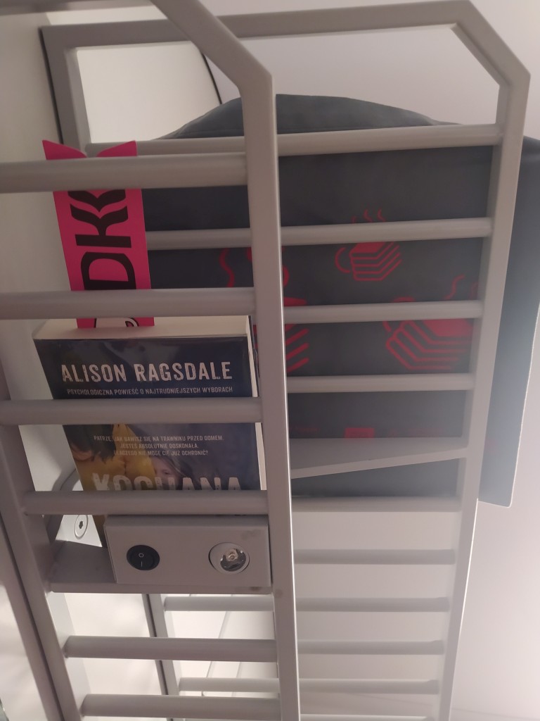 Widok od spodu na półki kratowe w pociągu, na wyższej półce - torba z logo DKK, na niższej półce - książka z wystającą zakładką DKK