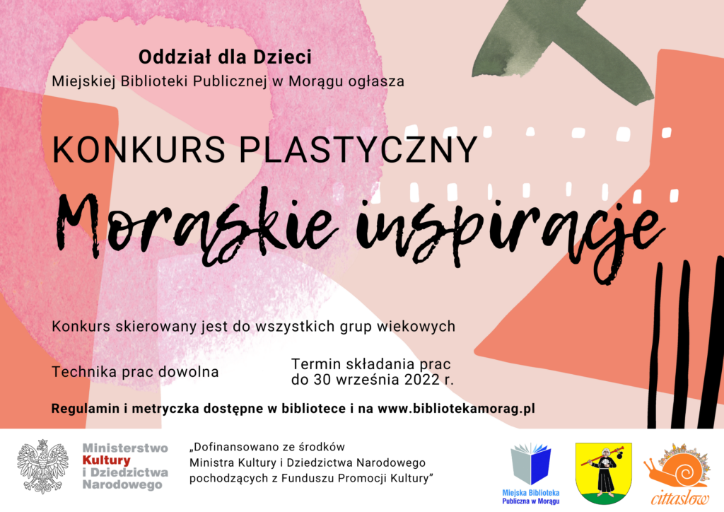 Plakat konkursu plastycznego pt Morąskie inspiracje duży tytuł na kolorowym tle