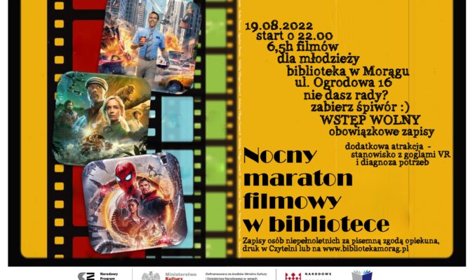 Plakat na Nocny Maraton Filmowy kolorowa taśma filmowa, po lewej klatki z 3 filmów