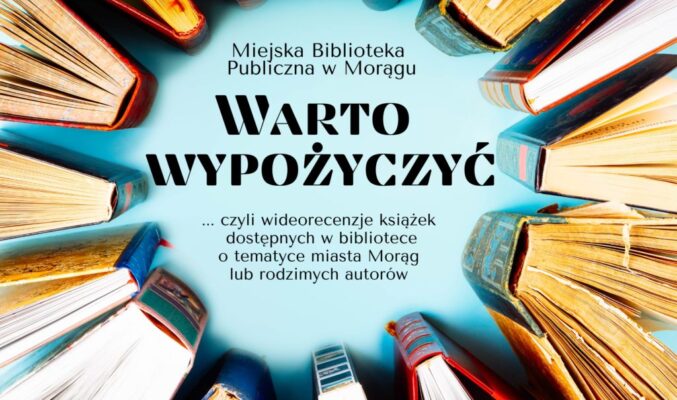 plakat akcji "Warto wypożyczyć" ułożony okrąg z książek, widok z góry, napisy w środku na niebieskim tle