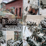 Kolaż 6 zdjęć dioram przedstawiających czołgi, ludzi i budynki z okresu II wojny światowej