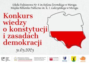 Plakat Konkurs wiedzy o konstytucji i zasadach demokracji, po lewej tytuł, po prawej białoczerwony kontur Polski