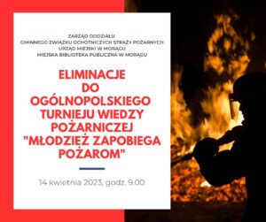 Plakat do konkursu Eliminacje do Ogólnopolskiego Turnieju Wiedzy Pożarniczej "Młodzież zapobiega pożarom", po lewej tytuł, po prawej postać strażaka na tle pożaru