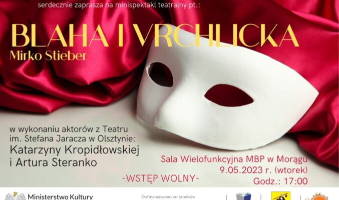 Plakat zapraszający na teatr przy stoliku, biała karnawałowa maska na czerwonym atłasie, żółty tytuł sztuki
