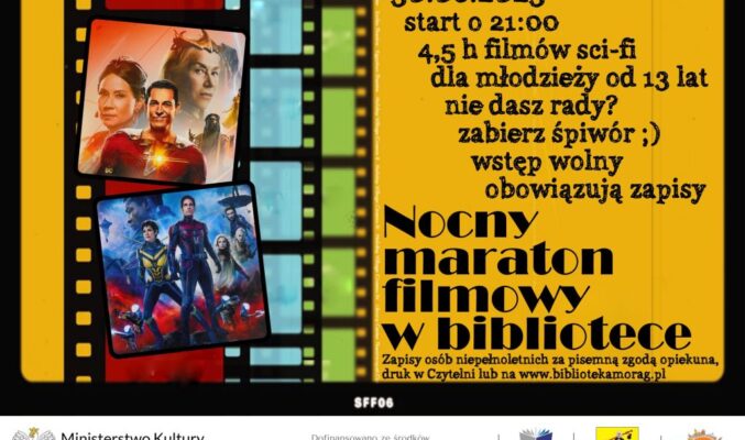 Plakat promujący Nocny Maraton Filmowy w bibliotece.