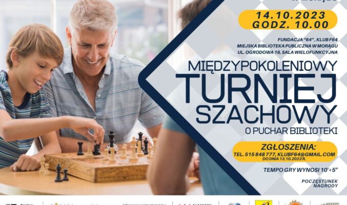 Plakat na międzypokoleniowy turniej szachowy. po lewej zdjęcie dziadka i chłopca przy szachownicy, po prawej treść plakatu