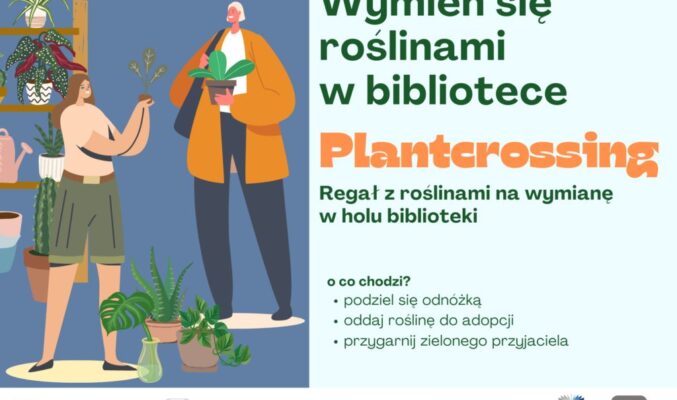 Plakat Plantcrossing, po lewej aminowane postacie wymieniają się roślinami doniczkowymi, po prawej treść plakatu