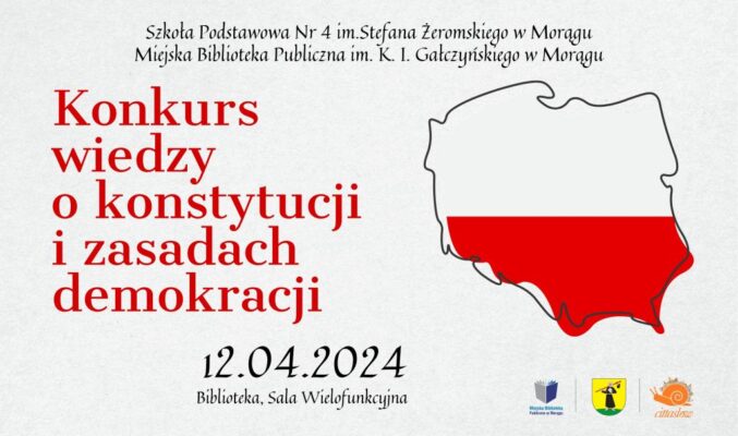 Plakat konkurs wiedzy o konstytucji i zasadach demokracji, po lewej tytuł czerwoną czcionką, po prawej kontur mapy Polski