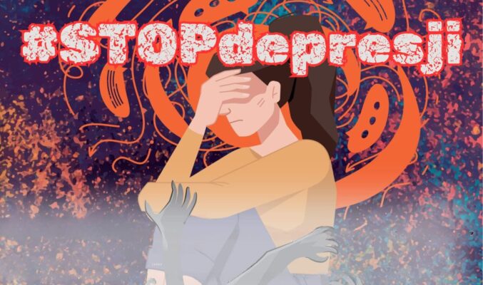 Grafika #STOPdepresji rysunkowa kobieta siedzi skulona i trzyma się za głowę